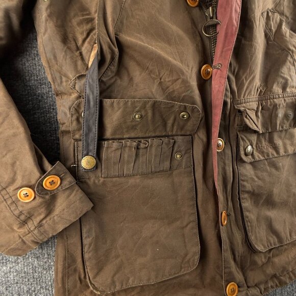 Barbour GAME PARKA Waxed Jacket Fleece Lined Small Brown Green Hooded Winter - Picture 2 of 16
